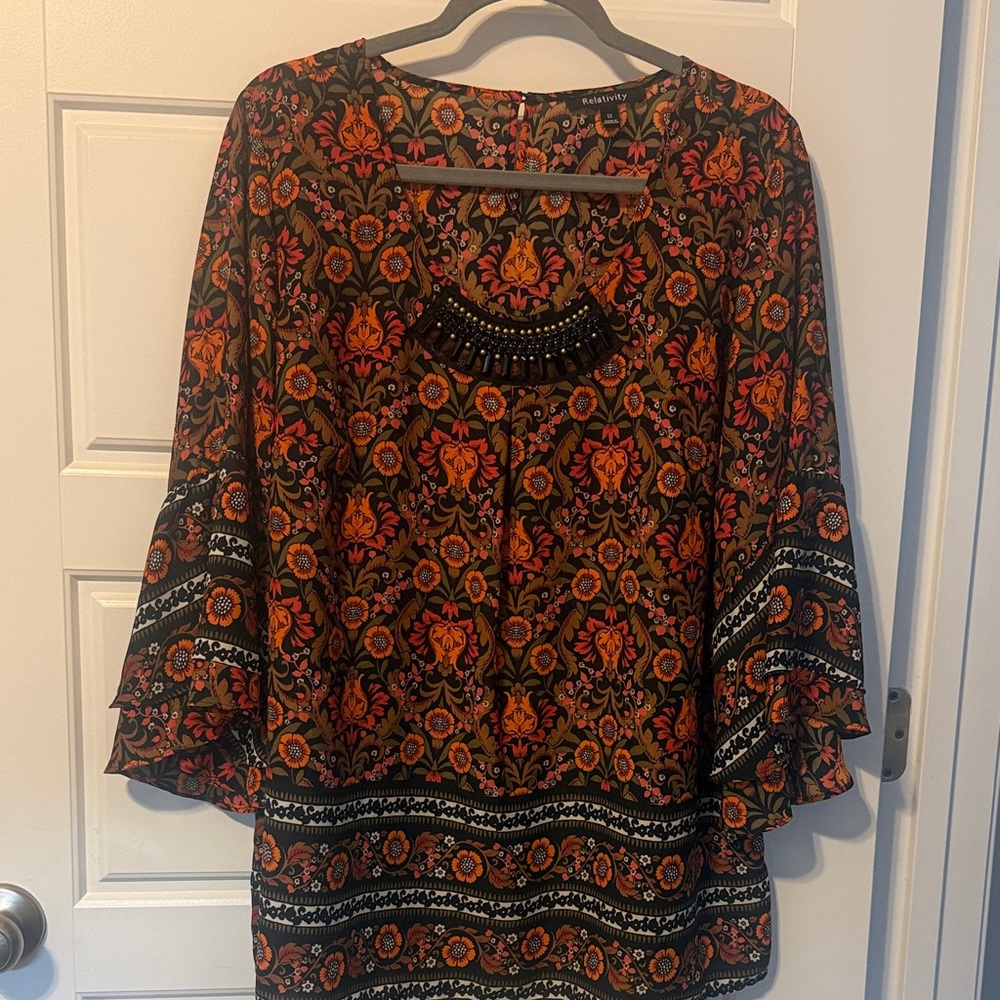 Relativity Vibrant Orange and Black Patterned Blouse